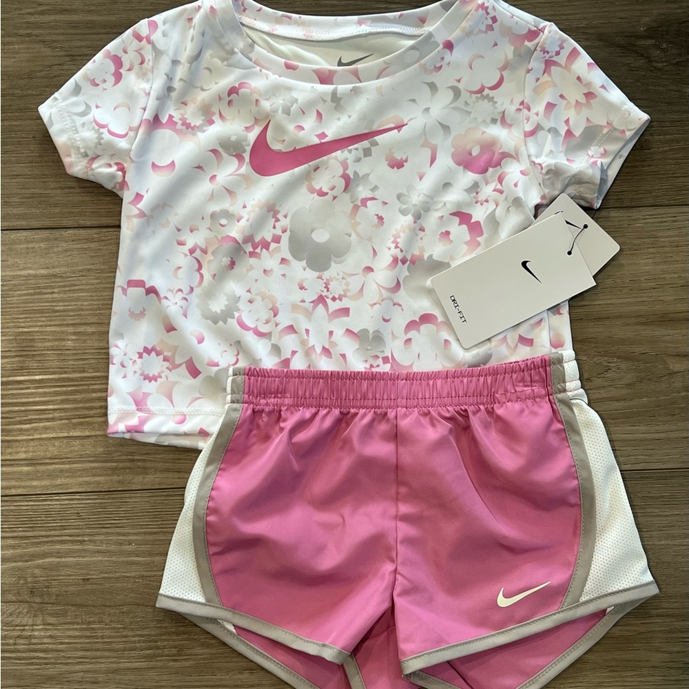 Nike Girls Pink and White Floral Shirt and Shorts Set
